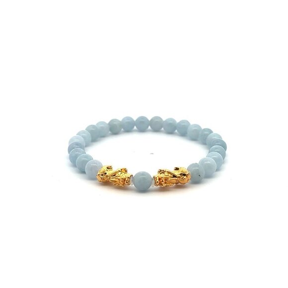 18K Gold Dragon Pixiu Double Piyao Charm Bracelet Gemstone March Birthstones 6mm - Picture 1 of 8